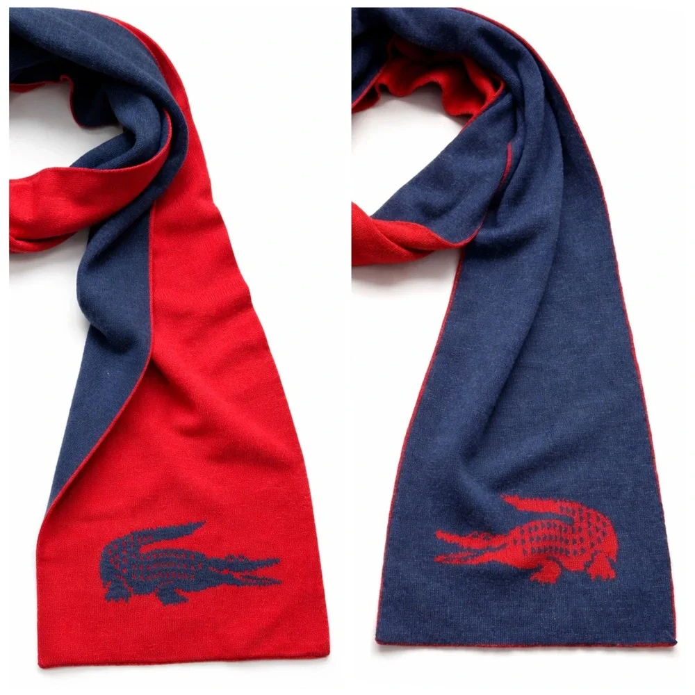 Vintage Lacoste Wool Scarf Reversible Blue Red Crocodile Logo Knit Mens‎
